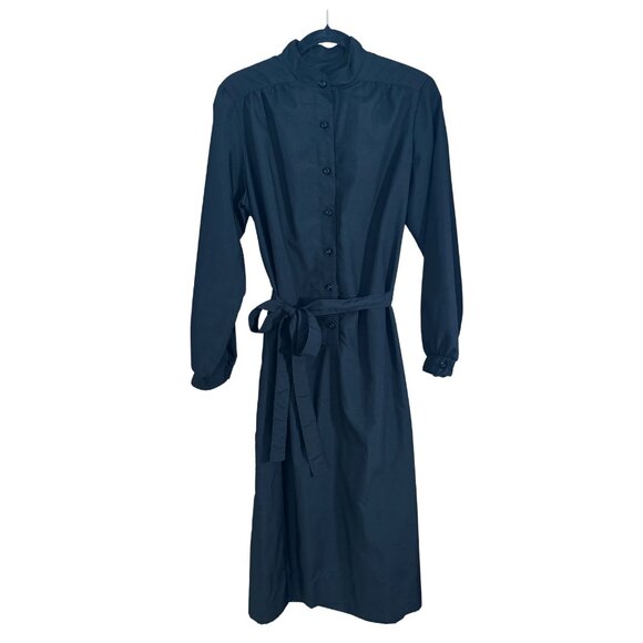 Vintage Henry-Lee Black Button Front Shirt Dress Belted Midi 70s Workwear - Picture 5 of 9